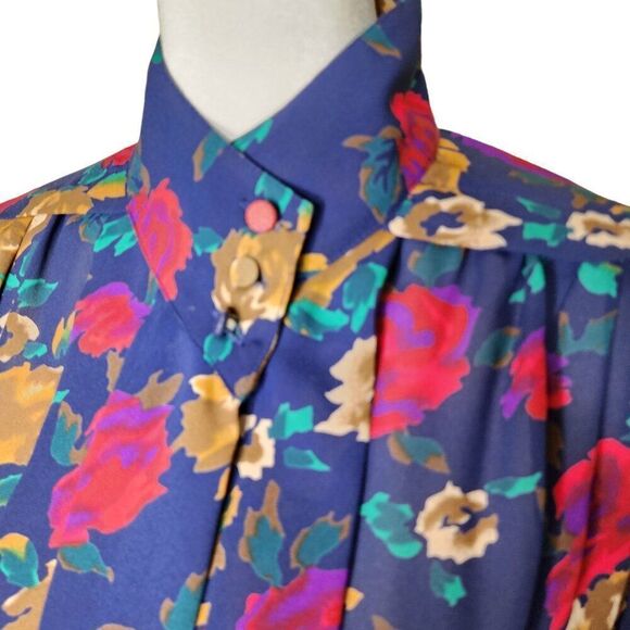 Vintage 80s High Neck Long Sleeve Pleated Floral Blouse Womens Size 12 Blue Mult - Picture 2 of 9